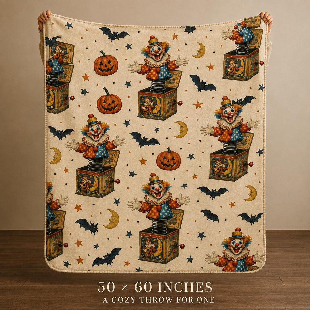 Vintage Halloween Clown Sherpa Blanket, Jack in the Box Pumpkin Throw, Retro Spooky Decor, Creepy Circus Gift, 3 Sizes