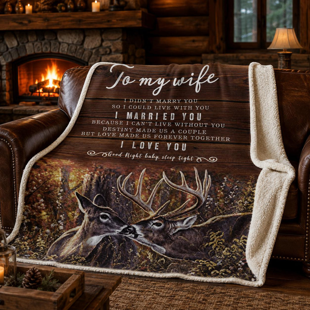 To My Wife Sherpa Blanket, Romantic Wife Gift, Deer Couple Love Blanket, Anniversary or Birthday Gift for Her, 60x80