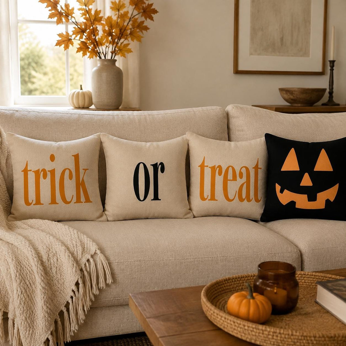Halloween Throw Pillow, Filled Cotton Linen Cushion, Trick or Treat Pumpkin Pillow, Orange Black Halloween Sofa and Porch Decor