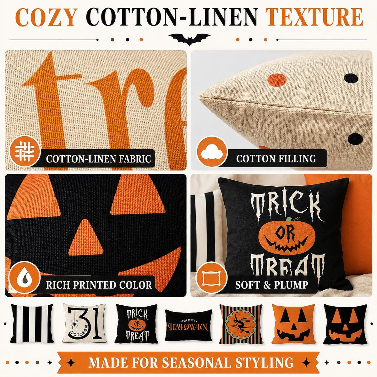 Halloween Throw Pillow, Filled Cotton Linen Cushion, Trick or Treat Pumpkin Pillow, Orange Black Halloween Sofa and Porch Decor