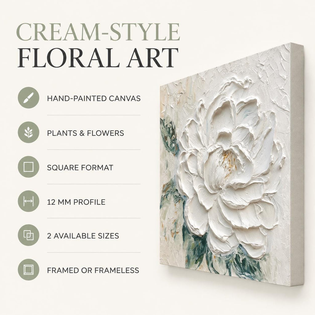 White Flower Painting, Hand Painted Textured Canvas Wall Art, Cream Floral Decor, Square Botanical Art, Framed or Frameless