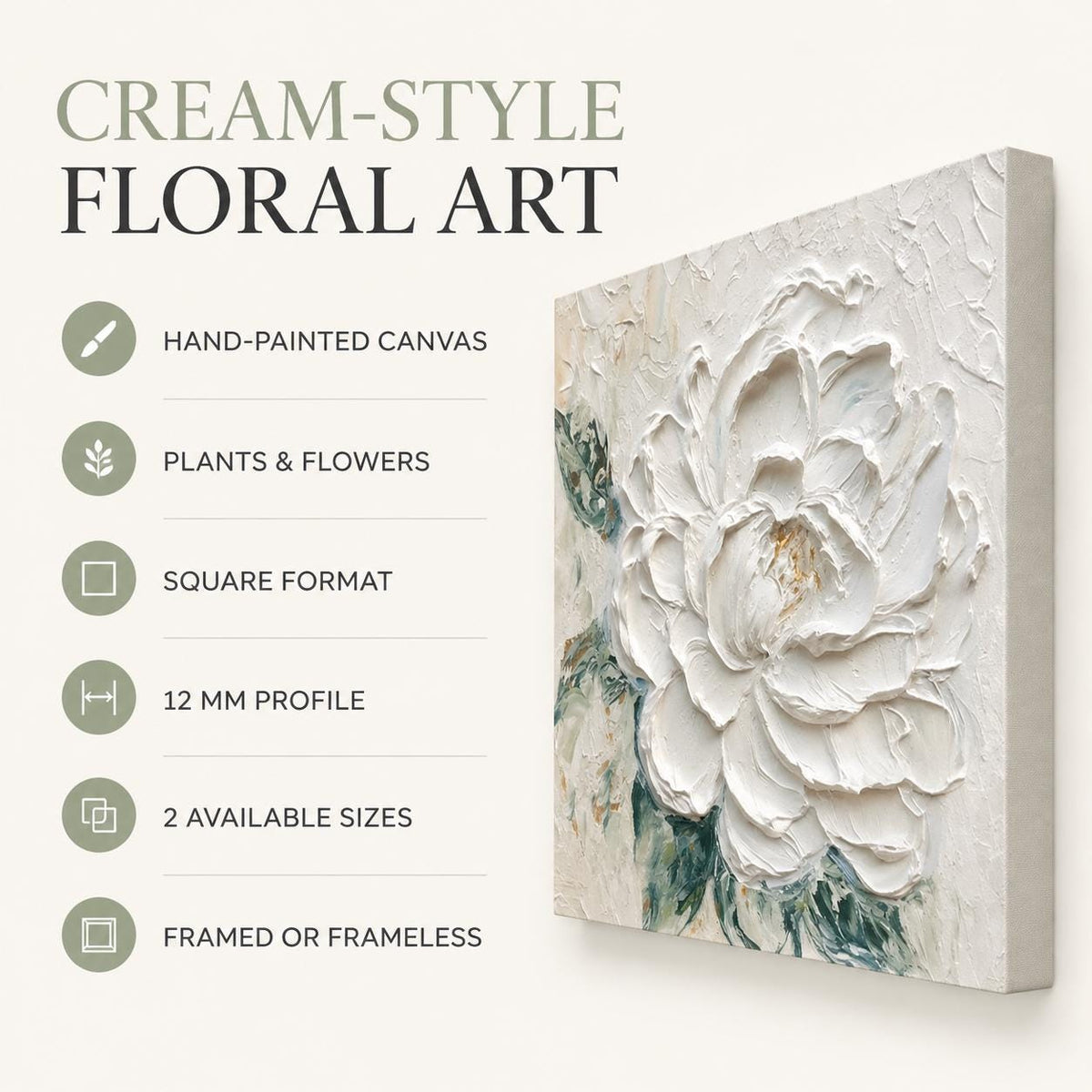White Flower Painting, Hand Painted Textured Canvas Wall Art, Cream Floral Decor, Square Botanical Art, Framed or Frameless