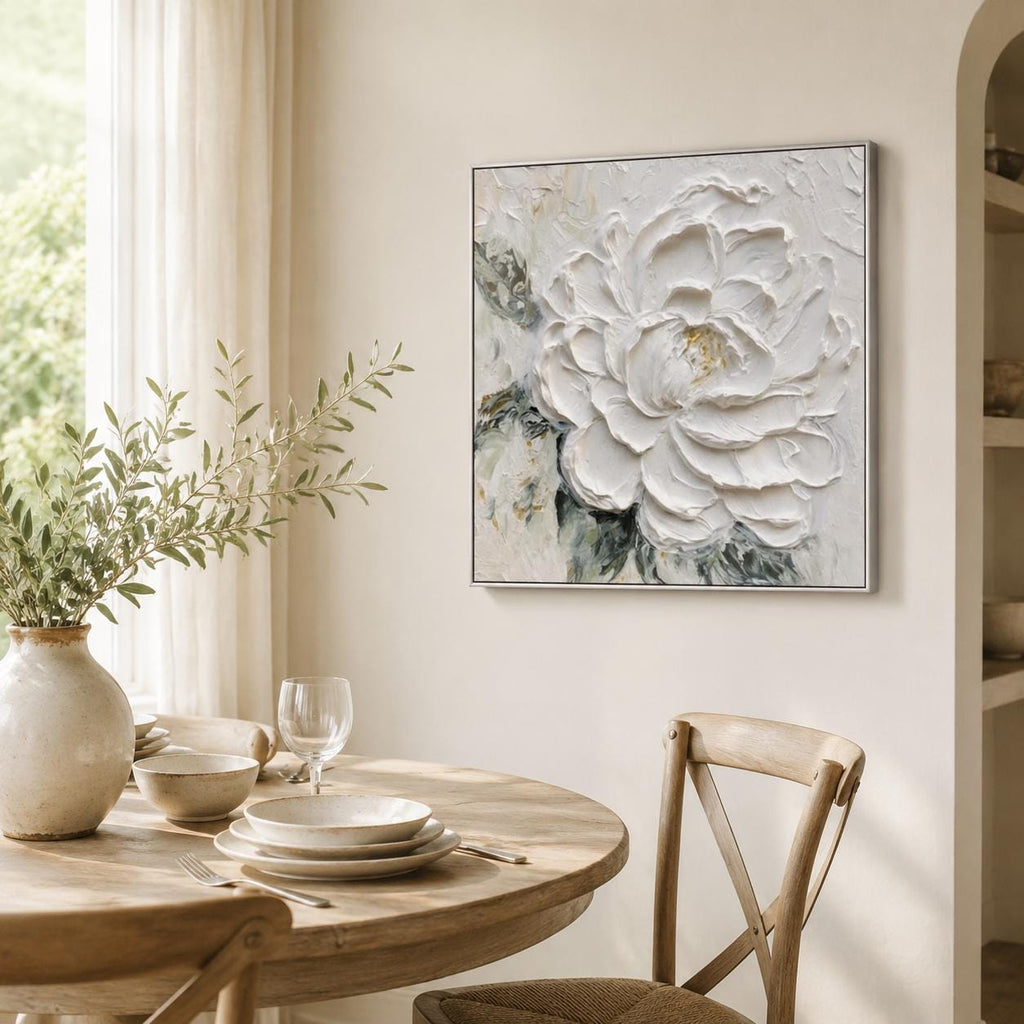 White Flower Painting, Hand Painted Textured Canvas Wall Art, Cream Floral Decor, Square Botanical Art, Framed or Frameless