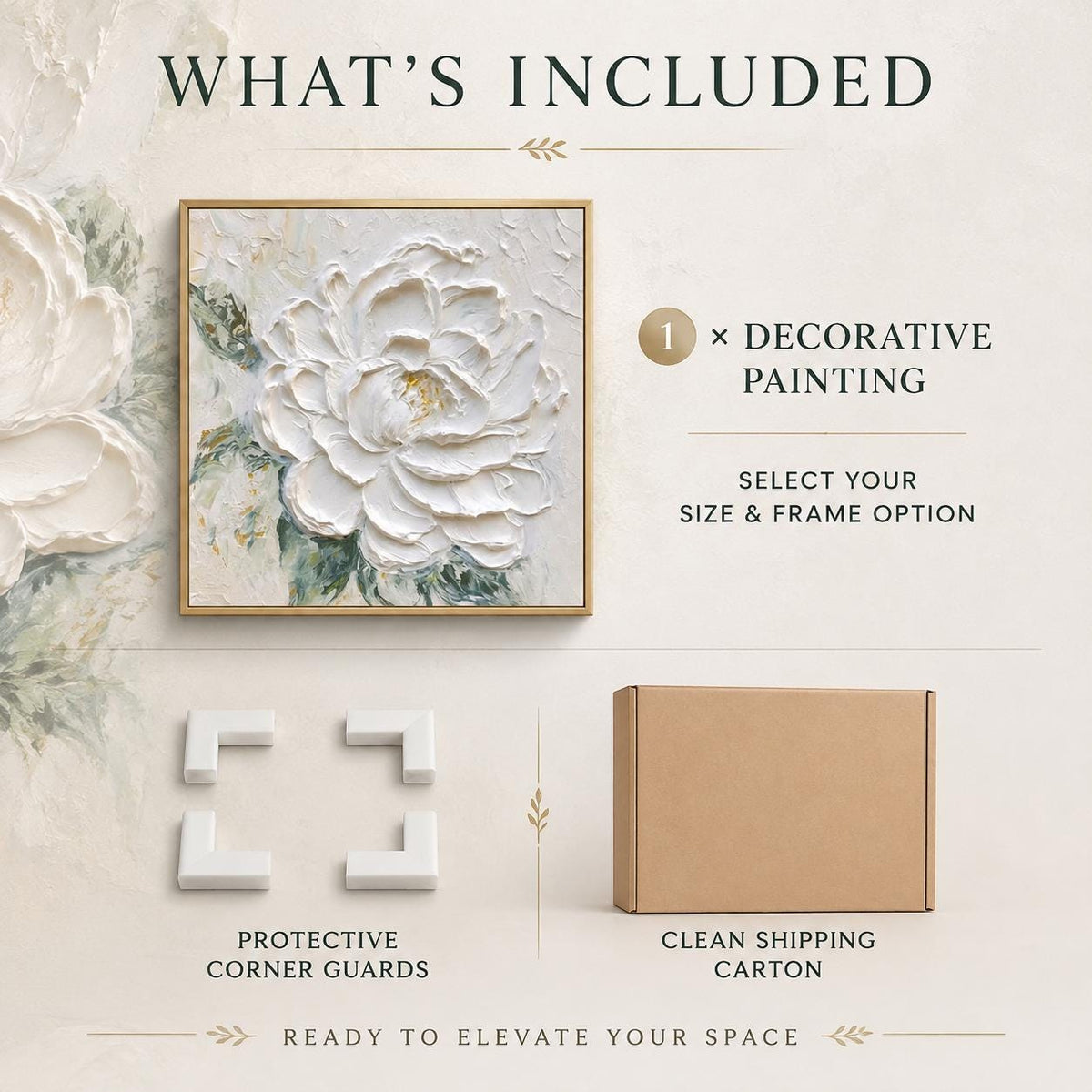 White Flower Painting, Hand Painted Textured Canvas Wall Art, Cream Floral Decor, Square Botanical Art, Framed or Frameless
