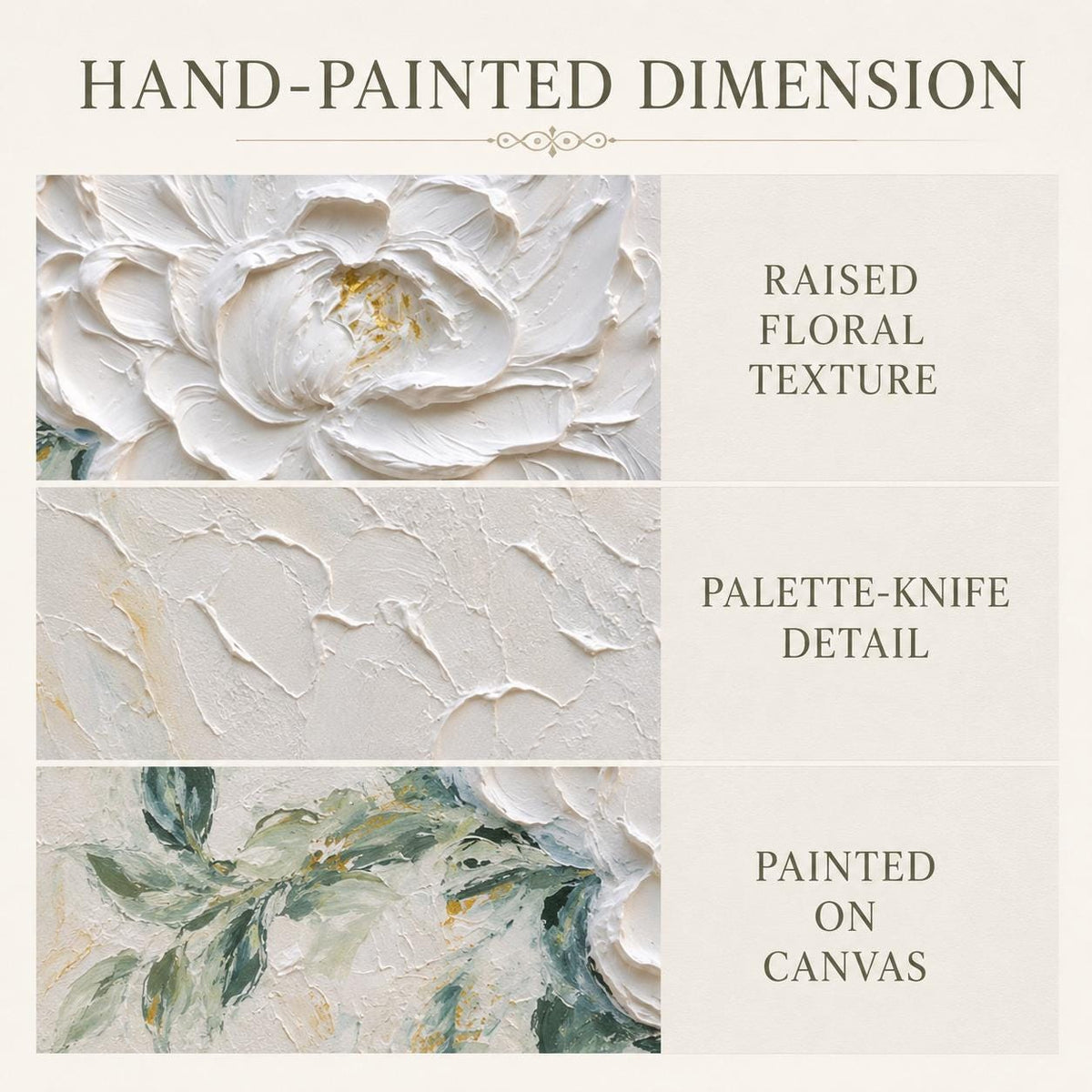 White Flower Painting, Hand Painted Textured Canvas Wall Art, Cream Floral Decor, Square Botanical Art, Framed or Frameless