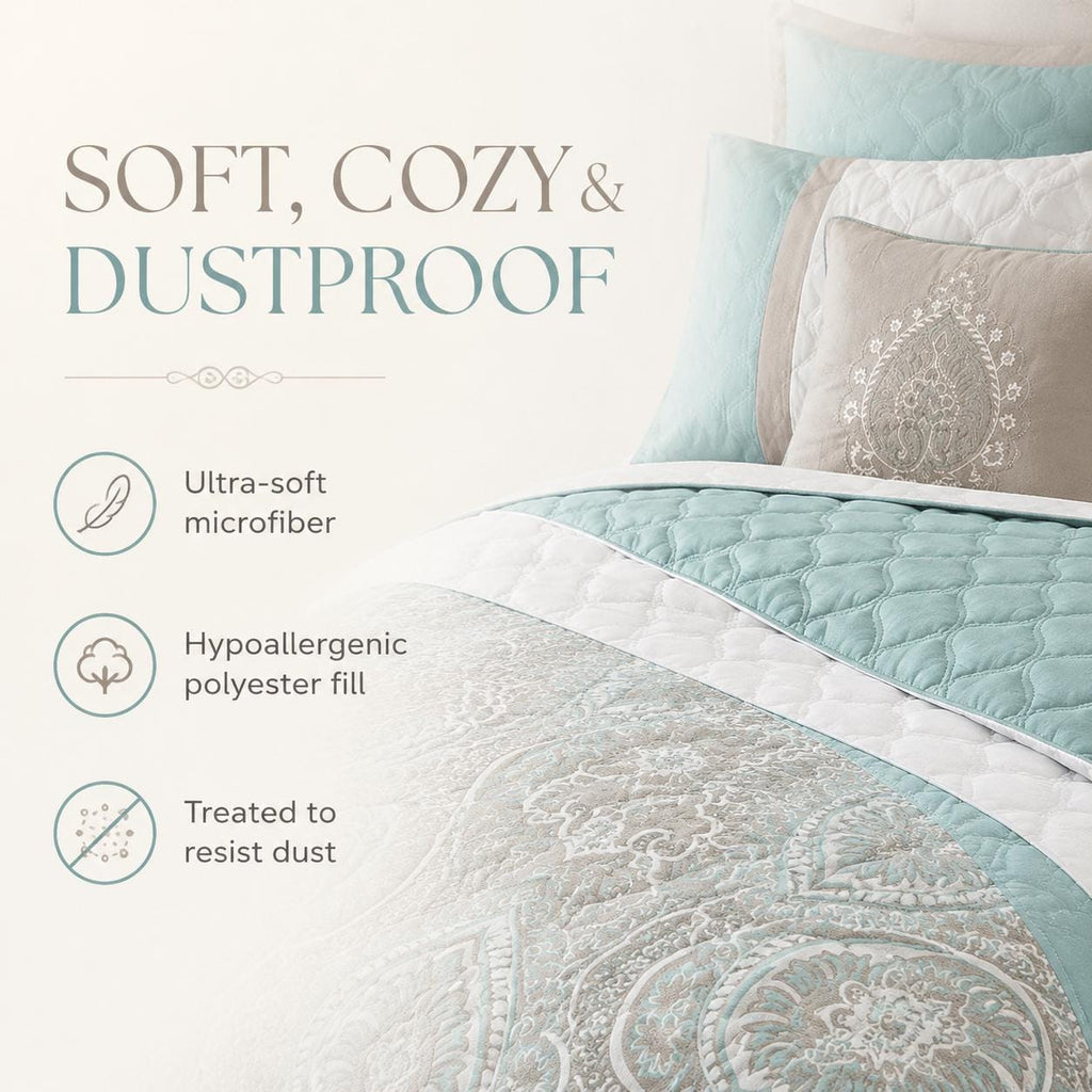 Seafoam Queen Comforter Set, 8 Piece Damask Bedding Set, Quilted Bed Set With Bedskirt, Shams and Decorative Pillows