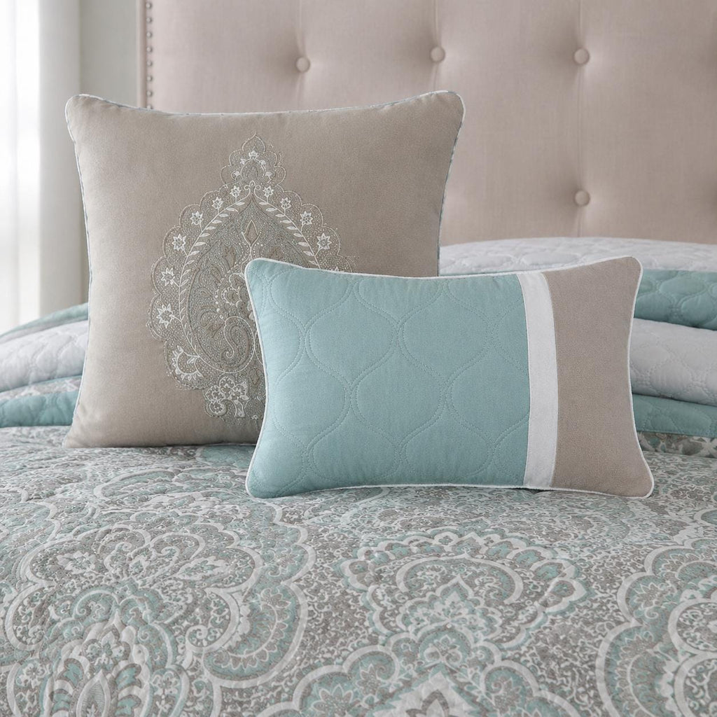Seafoam Queen Comforter Set, 8 Piece Damask Bedding Set, Quilted Bed Set With Bedskirt, Shams and Decorative Pillows
