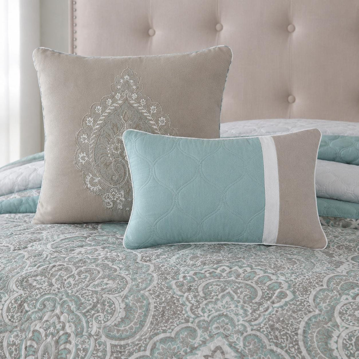 Seafoam Queen Comforter Set, 8 Piece Damask Bedding Set, Quilted Bed Set With Bedskirt, Shams and Decorative Pillows