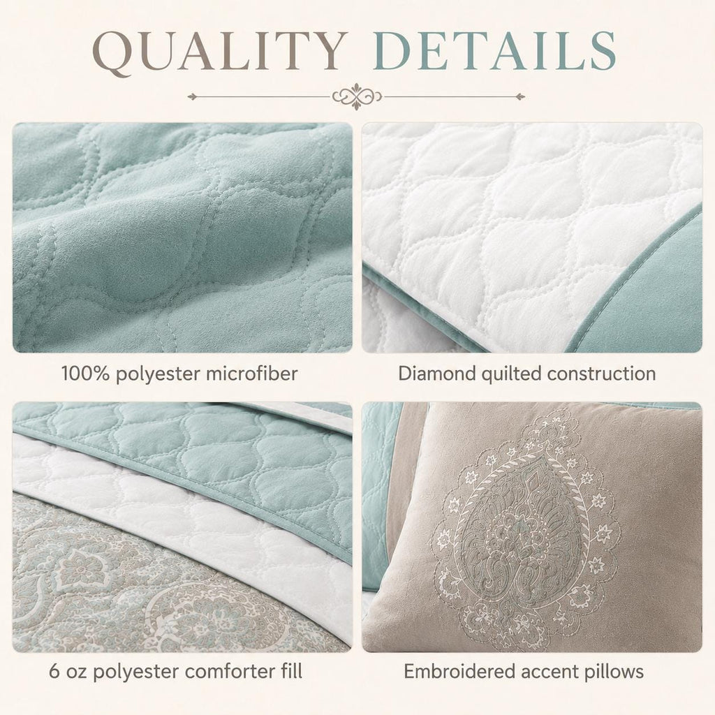 Seafoam Queen Comforter Set, 8 Piece Damask Bedding Set, Quilted Bed Set With Bedskirt, Shams and Decorative Pillows