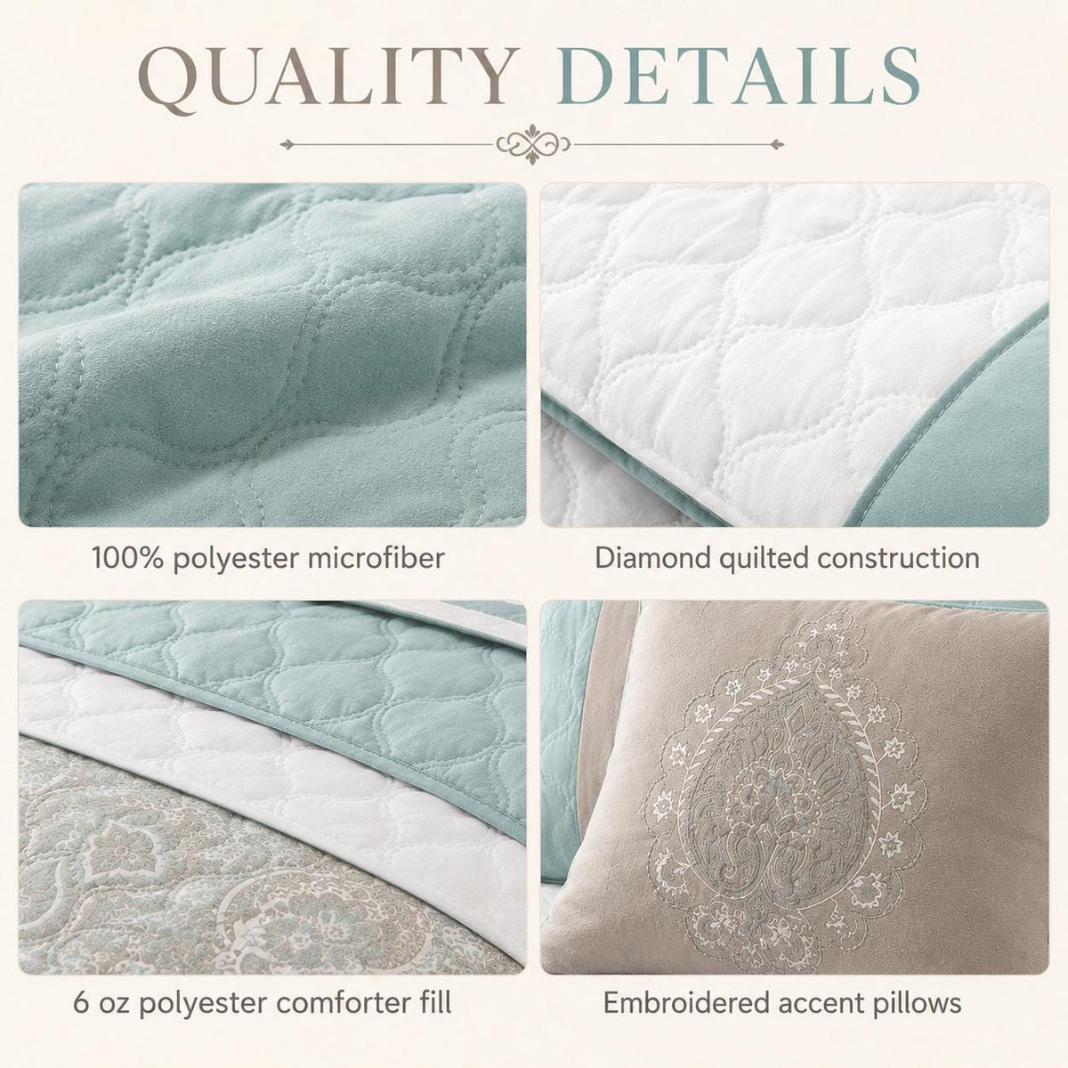 Seafoam Queen Comforter Set, 8 Piece Damask Bedding Set, Quilted Bed Set With Bedskirt, Shams and Decorative Pillows