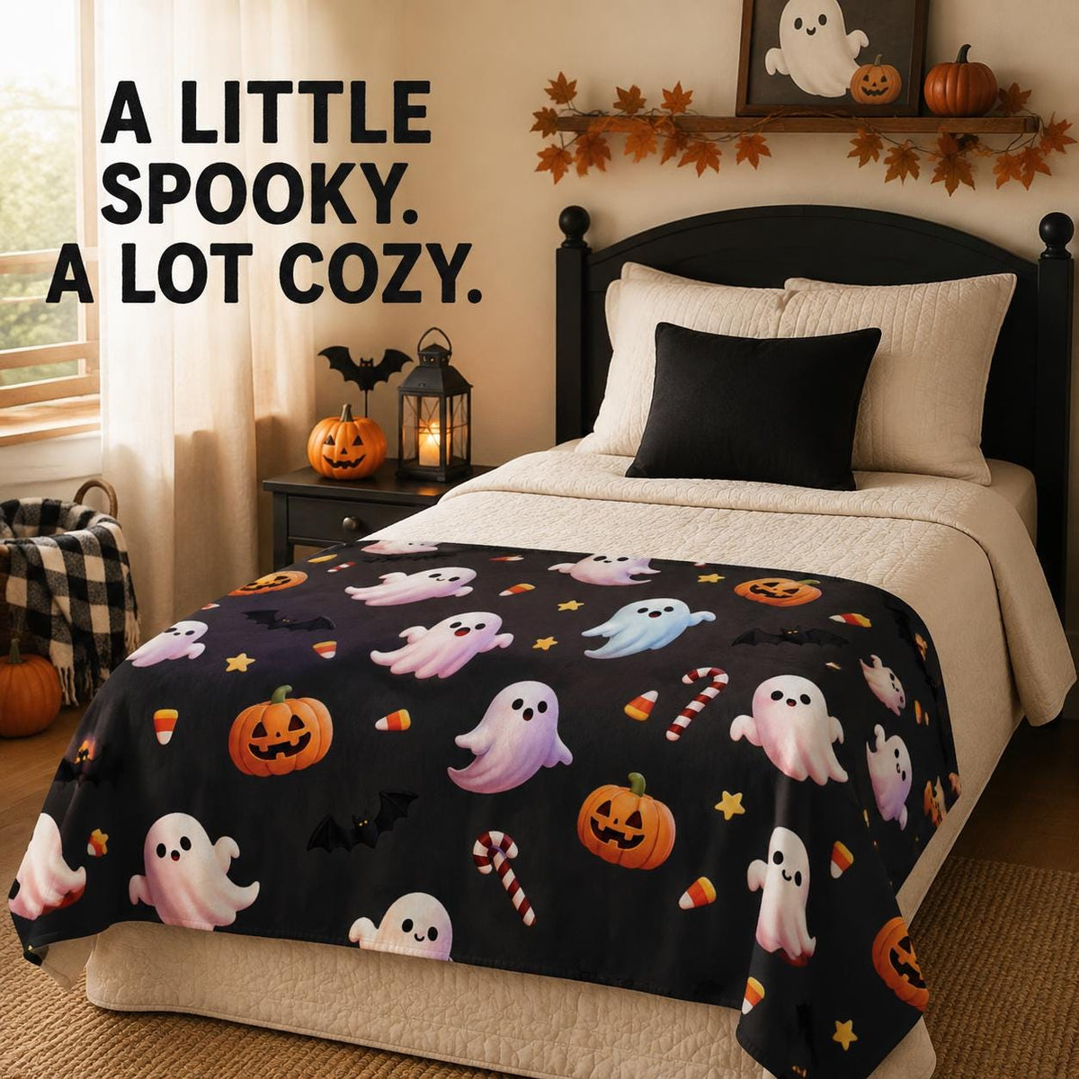 Cute Ghost Halloween Sherpa Blanket, Pumpkin Fleece Throw, Cozy Spooky Blanket, Kids Halloween Decor