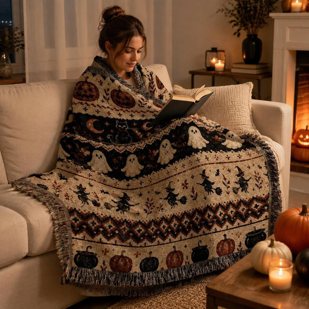 Ghost Cat Halloween Woven Blanket