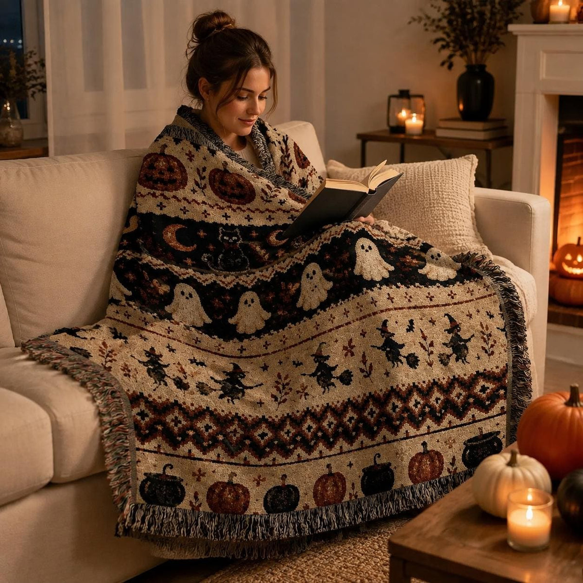 Ghost Cat Halloween Woven Blanket