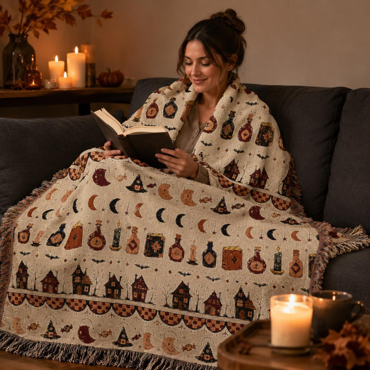 Woven Witchy Apothecary Throw Blanket, Potion Bottles Moons Gothic Halloween Decor, Autumn Witch Gift