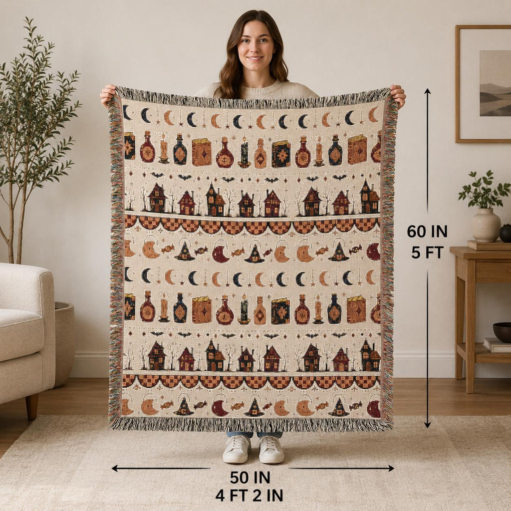 Woven Witchy Apothecary Throw Blanket, Potion Bottles Moons Gothic Halloween Decor, Autumn Witch Gift