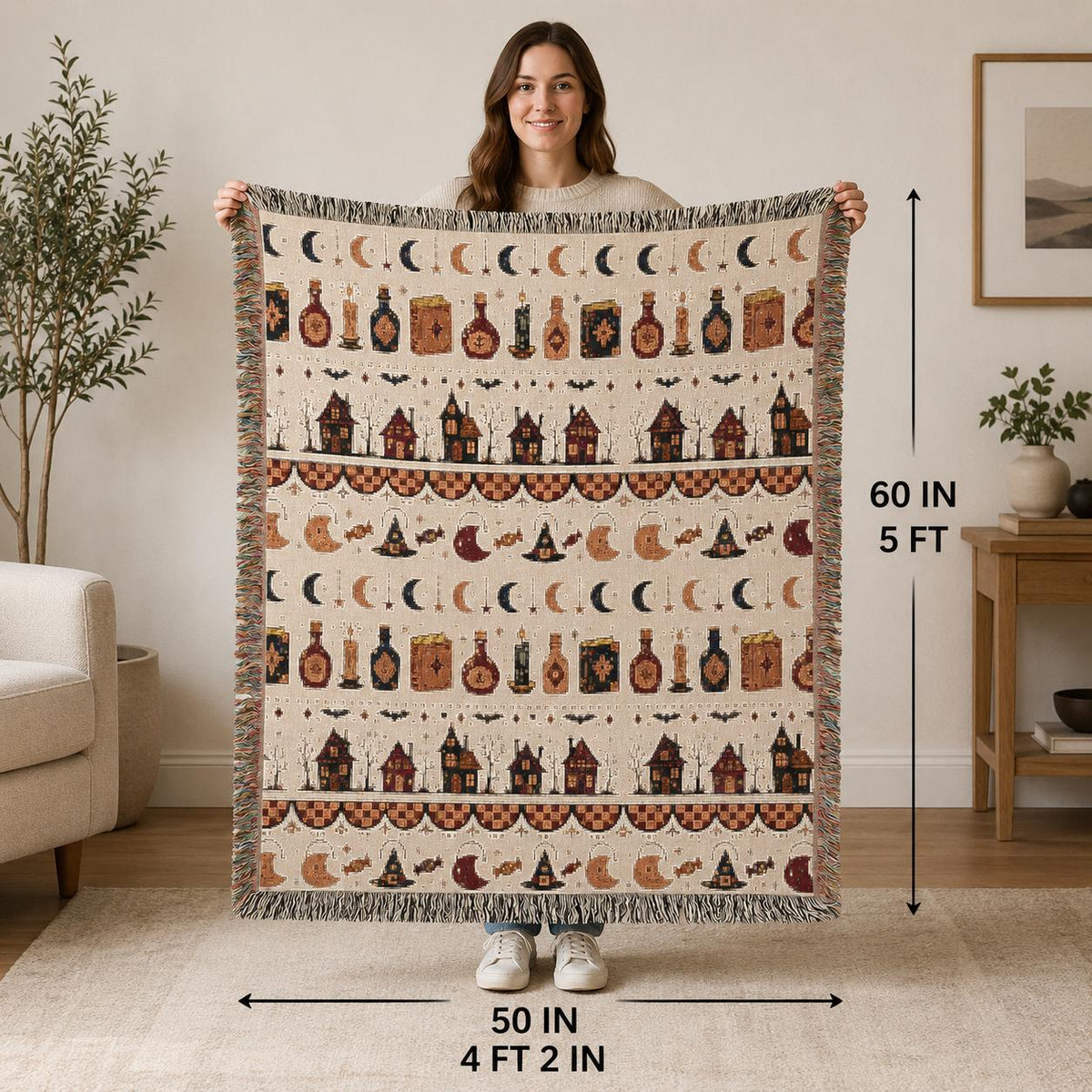 Woven Witchy Apothecary Throw Blanket, Potion Bottles Moons Gothic Halloween Decor, Autumn Witch Gift