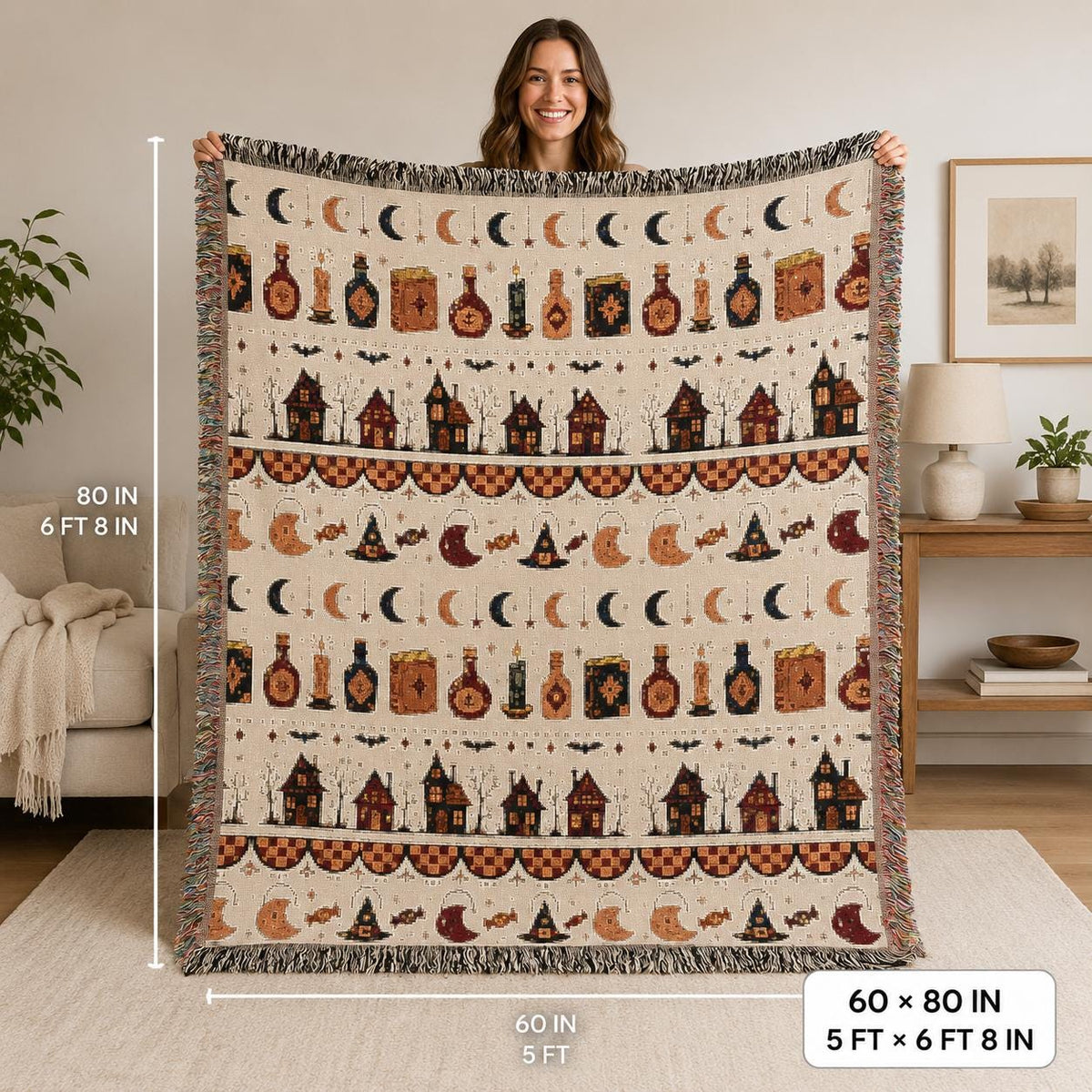 Woven Witchy Apothecary Throw Blanket, Potion Bottles Moons Gothic Halloween Decor, Autumn Witch Gift