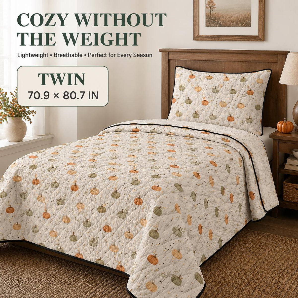 Pumpkin Quilt Cover Set with 2 Pillowcases, Fall Botanical Bedding, Lightweight Autumn Duvet, Twin Queen King