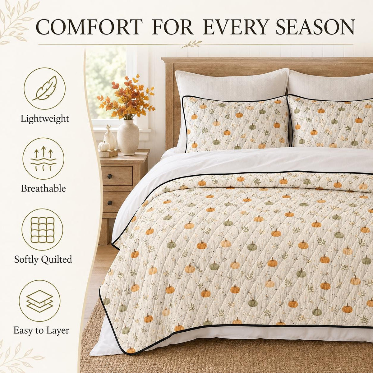 Pumpkin Quilt Cover Set with 2 Pillowcases, Fall Botanical Bedding, Lightweight Autumn Duvet, Twin Queen King