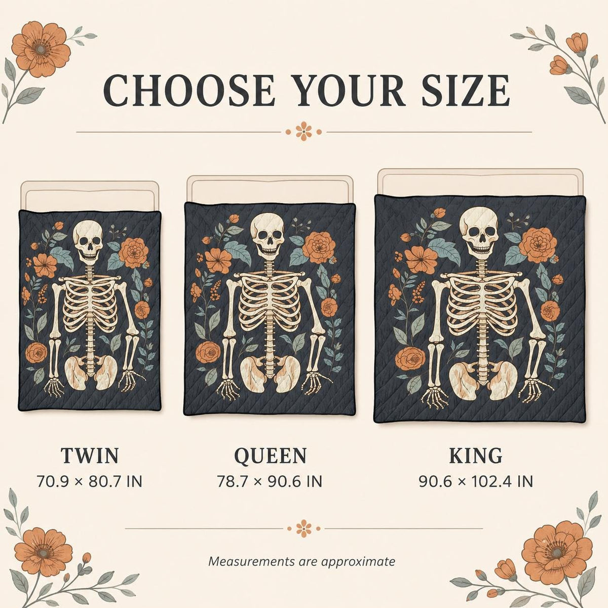 Gothic Skeleton Quilt, Floral Skull Bedspread, Dark Botanical Halloween Bedding, Lightweight Quilt, Twin Queen King