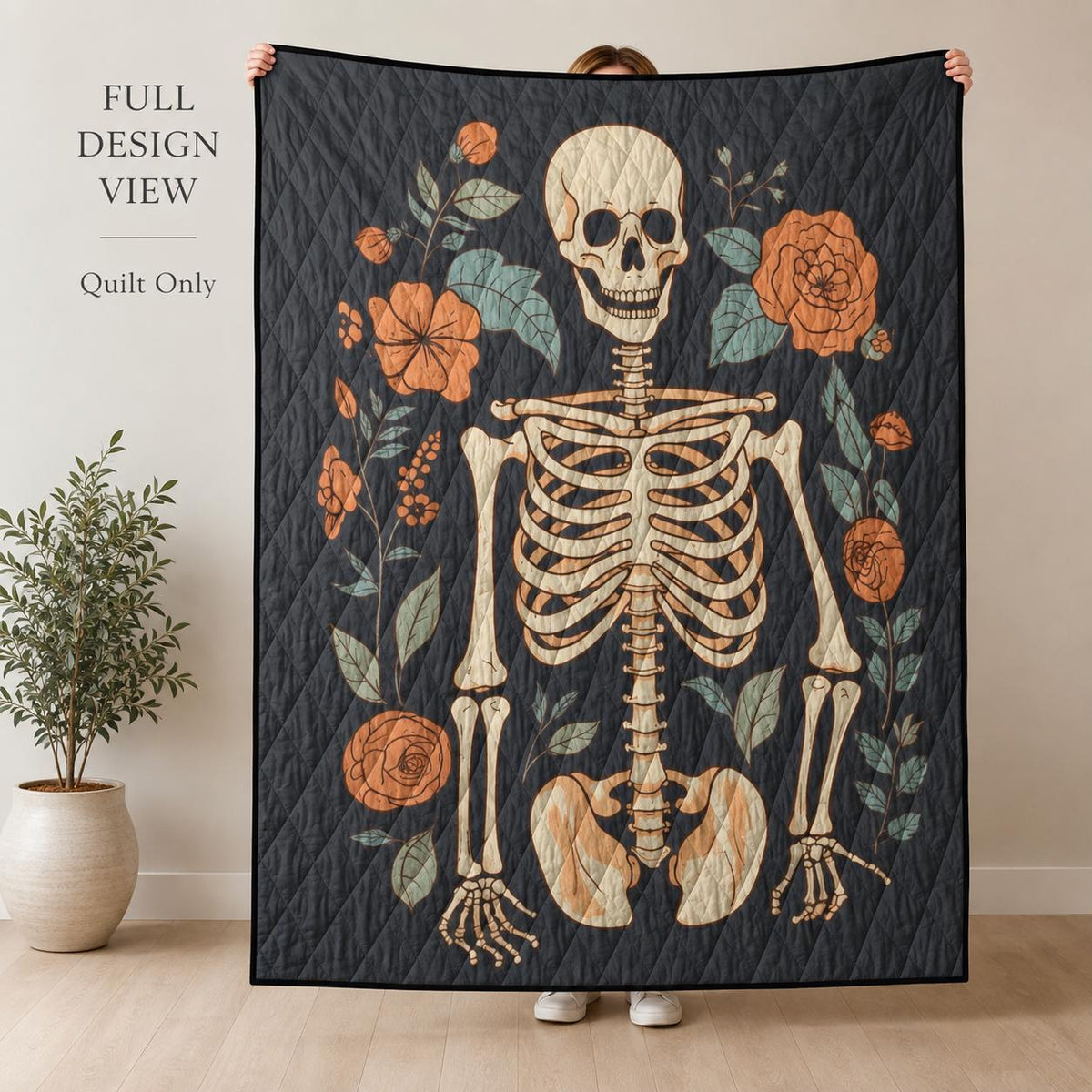 Gothic Skeleton Quilt, Floral Skull Bedspread, Dark Botanical Halloween Bedding, Lightweight Quilt, Twin Queen King