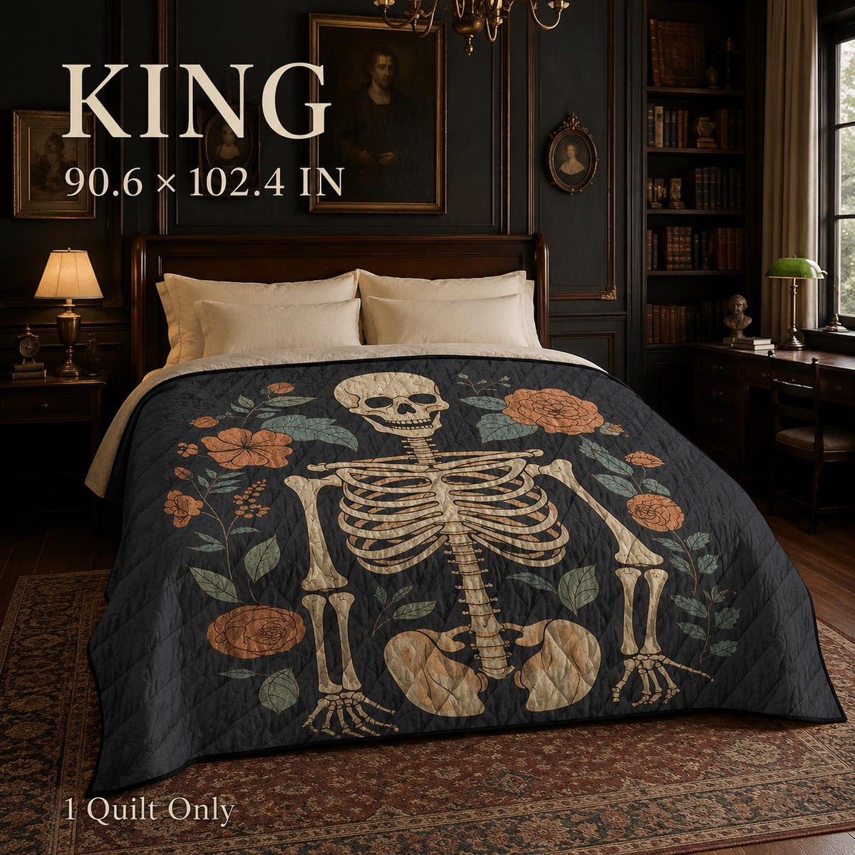 Gothic Skeleton Quilt, Floral Skull Bedspread, Dark Botanical Halloween Bedding, Lightweight Quilt, Twin Queen King