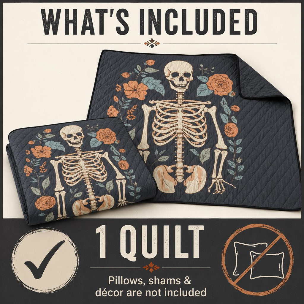 Gothic Skeleton Quilt, Floral Skull Bedspread, Dark Botanical Halloween Bedding, Lightweight Quilt, Twin Queen King
