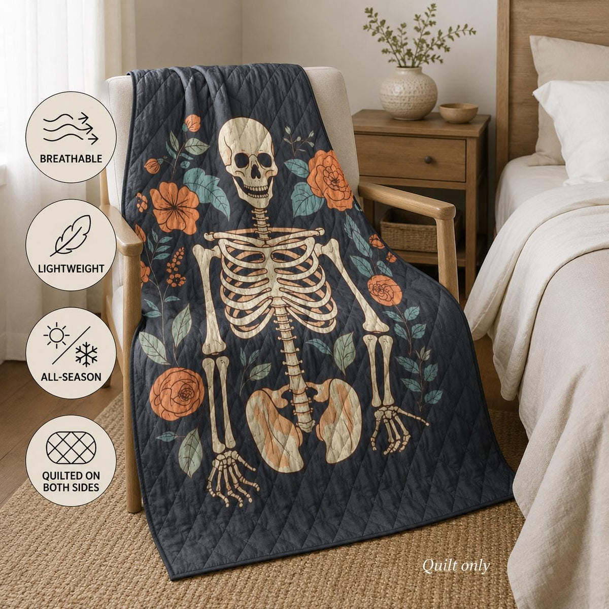 Gothic Skeleton Quilt, Floral Skull Bedspread, Dark Botanical Halloween Bedding, Lightweight Quilt, Twin Queen King