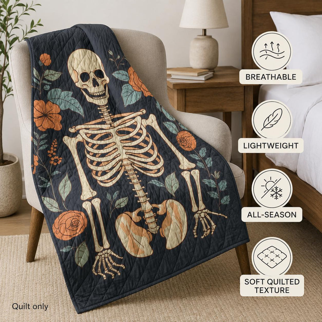 Gothic Skeleton Quilt, Floral Skull Bedspread, Dark Botanical Halloween Bedding, Lightweight Quilt, Twin Queen King