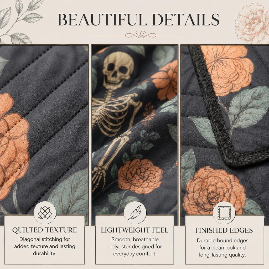 Gothic Skeleton Quilt, Floral Skull Bedspread, Dark Botanical Halloween Bedding, Lightweight Quilt, Twin Queen King