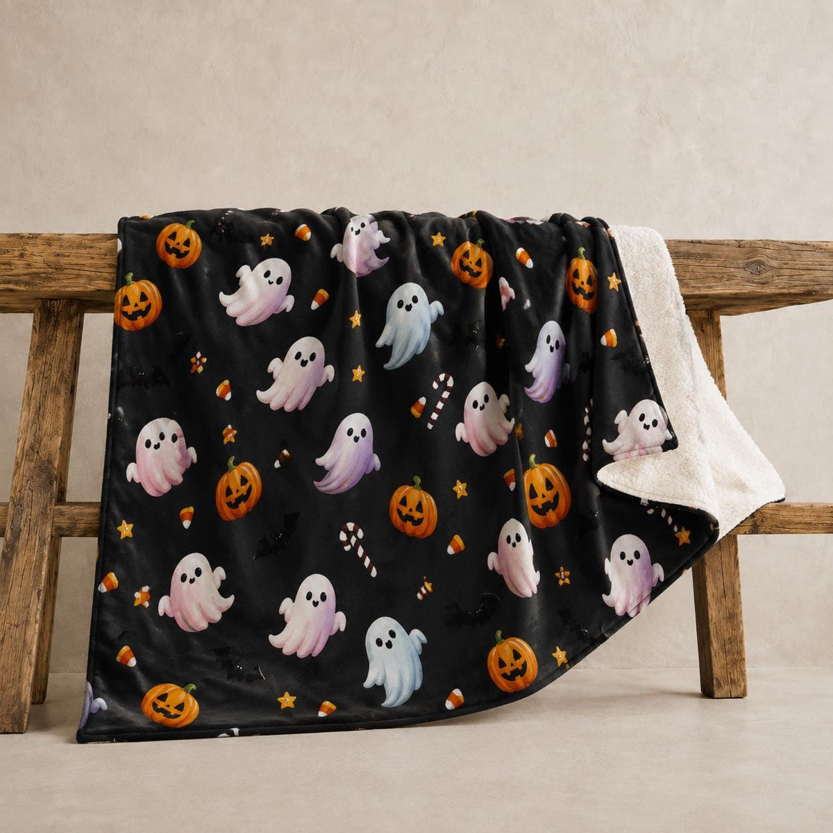 Cute Ghost Halloween Sherpa Blanket, Pumpkin Fleece Throw, Cozy Spooky Blanket, Kids Halloween Decor
