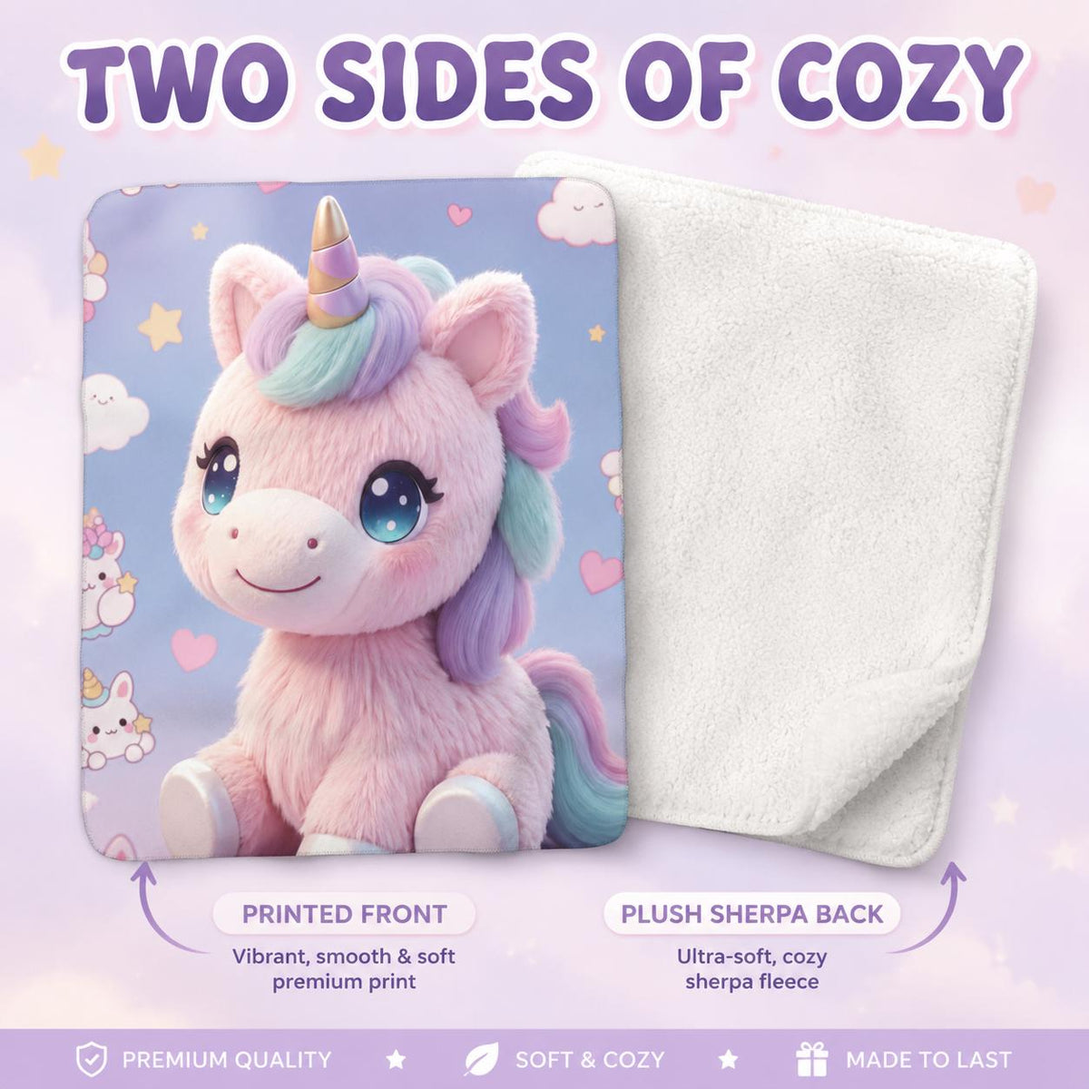 Pastel Unicorn Sherpa Blanket, Cute Kawaii Kids Throw, Girls Bedroom Decor, Cozy Unicorn Gift, Nursery Blanket