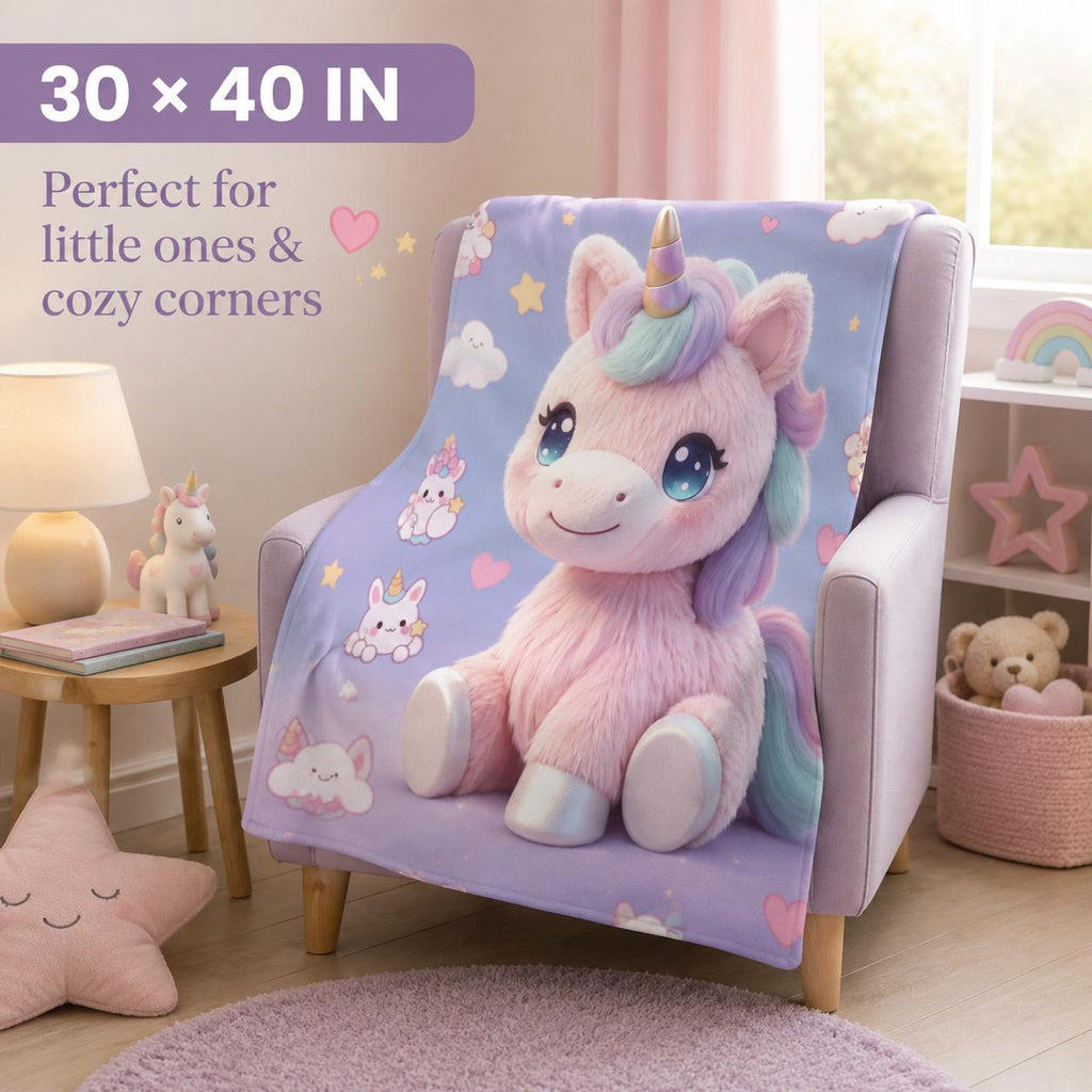 Pastel Unicorn Sherpa Blanket, Cute Kawaii Kids Throw, Girls Bedroom Decor, Cozy Unicorn Gift, Nursery Blanket