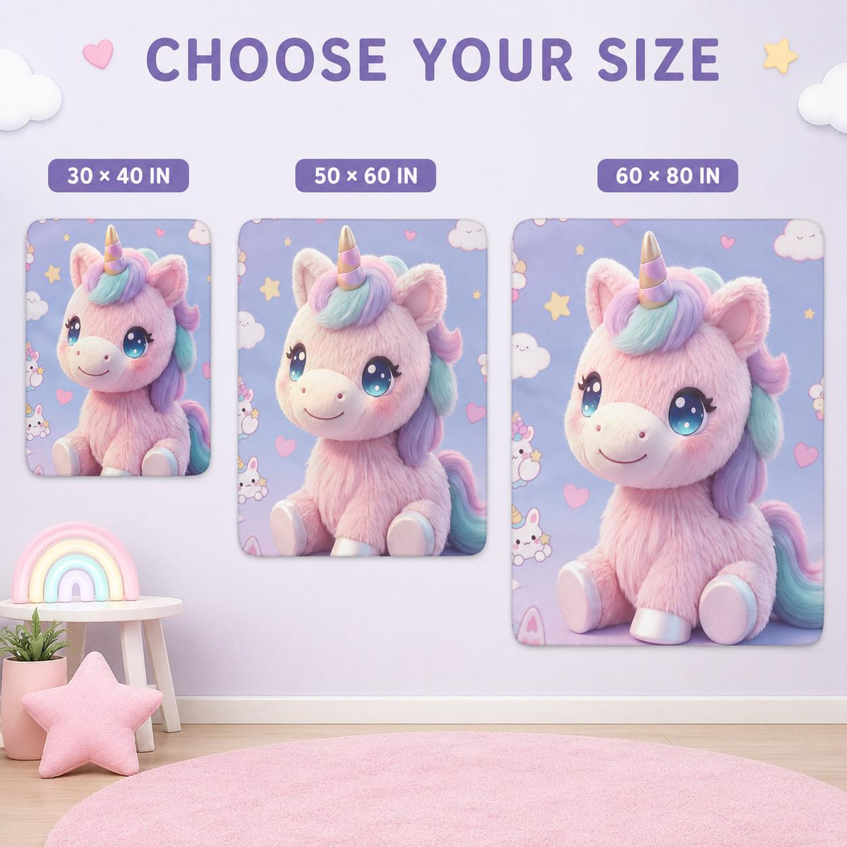 Pastel Unicorn Sherpa Blanket, Cute Kawaii Kids Throw, Girls Bedroom Decor, Cozy Unicorn Gift, Nursery Blanket