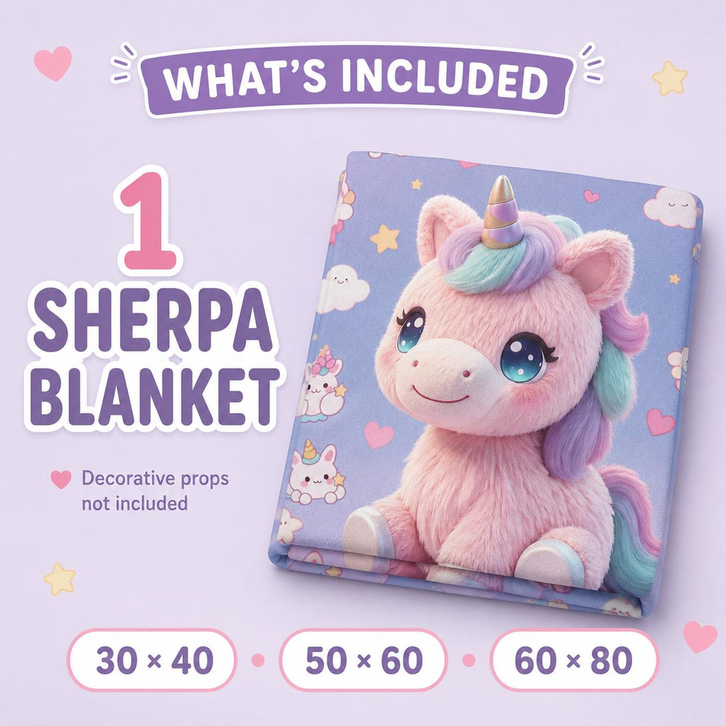 Pastel Unicorn Sherpa Blanket, Cute Kawaii Kids Throw, Girls Bedroom Decor, Cozy Unicorn Gift, Nursery Blanket
