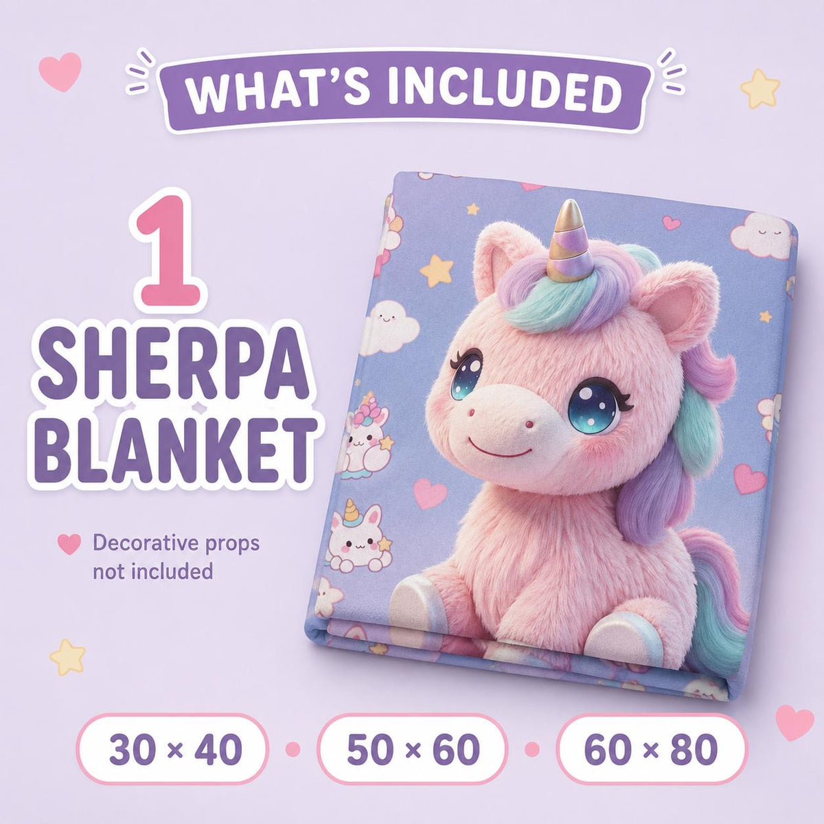Pastel Unicorn Sherpa Blanket, Cute Kawaii Kids Throw, Girls Bedroom Decor, Cozy Unicorn Gift, Nursery Blanket