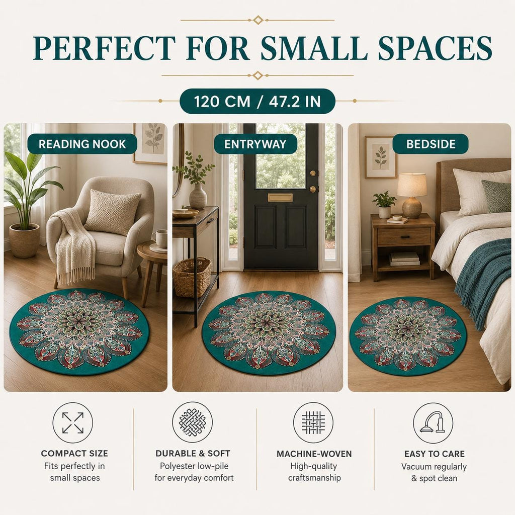 Round Boho Mandala Rug 47 Inch, Colorful Machine Woven Accent Rug, Bohemian Living Room Decor, Entryway Bedroom Rug