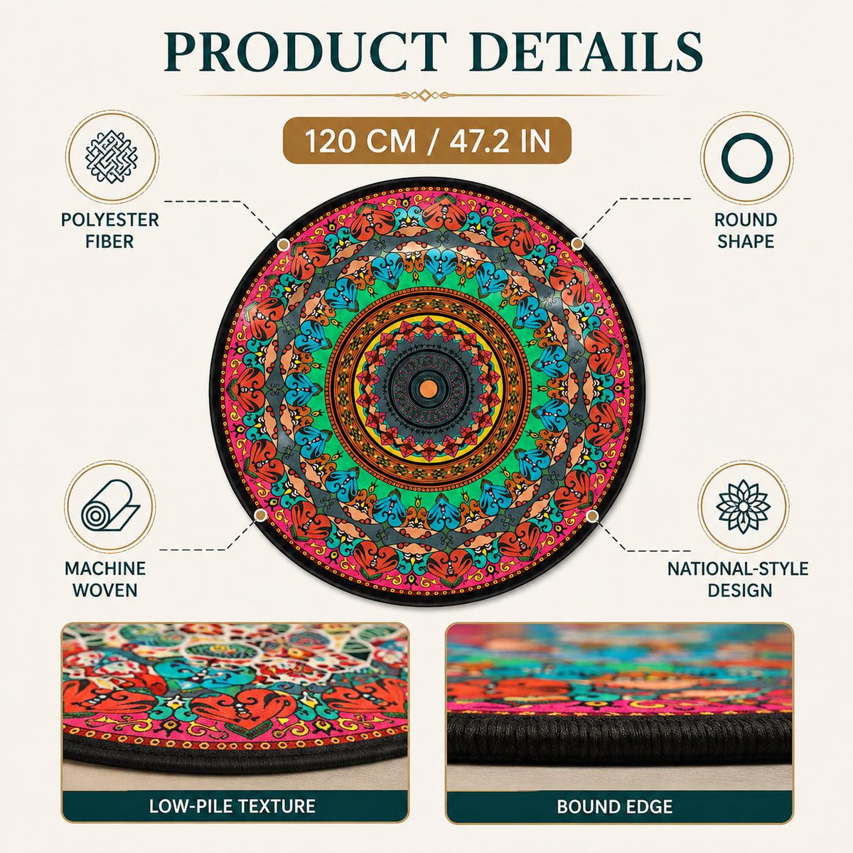Round Boho Mandala Rug 47 Inch, Colorful Machine Woven Accent Rug, Bohemian Living Room Decor, Entryway Bedroom Rug