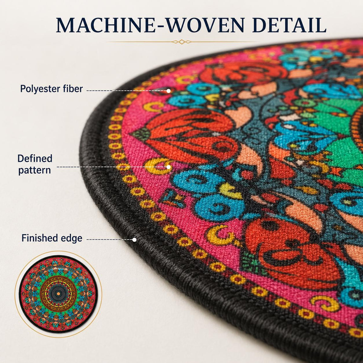 Round Boho Mandala Rug 47 Inch, Colorful Machine Woven Accent Rug, Bohemian Living Room Decor, Entryway Bedroom Rug
