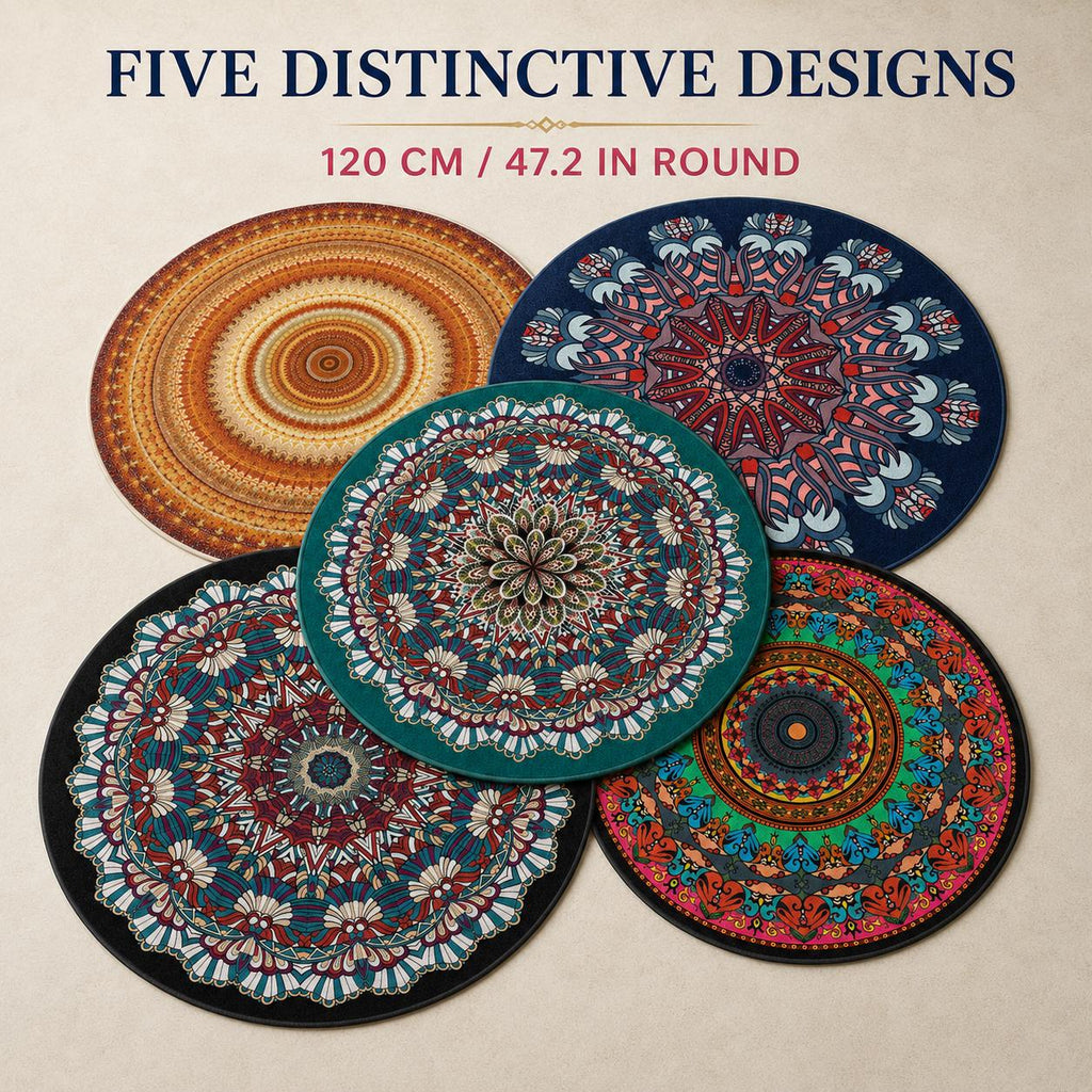 Round Boho Mandala Rug 47 Inch, Colorful Machine Woven Accent Rug, Bohemian Living Room Decor, Entryway Bedroom Rug
