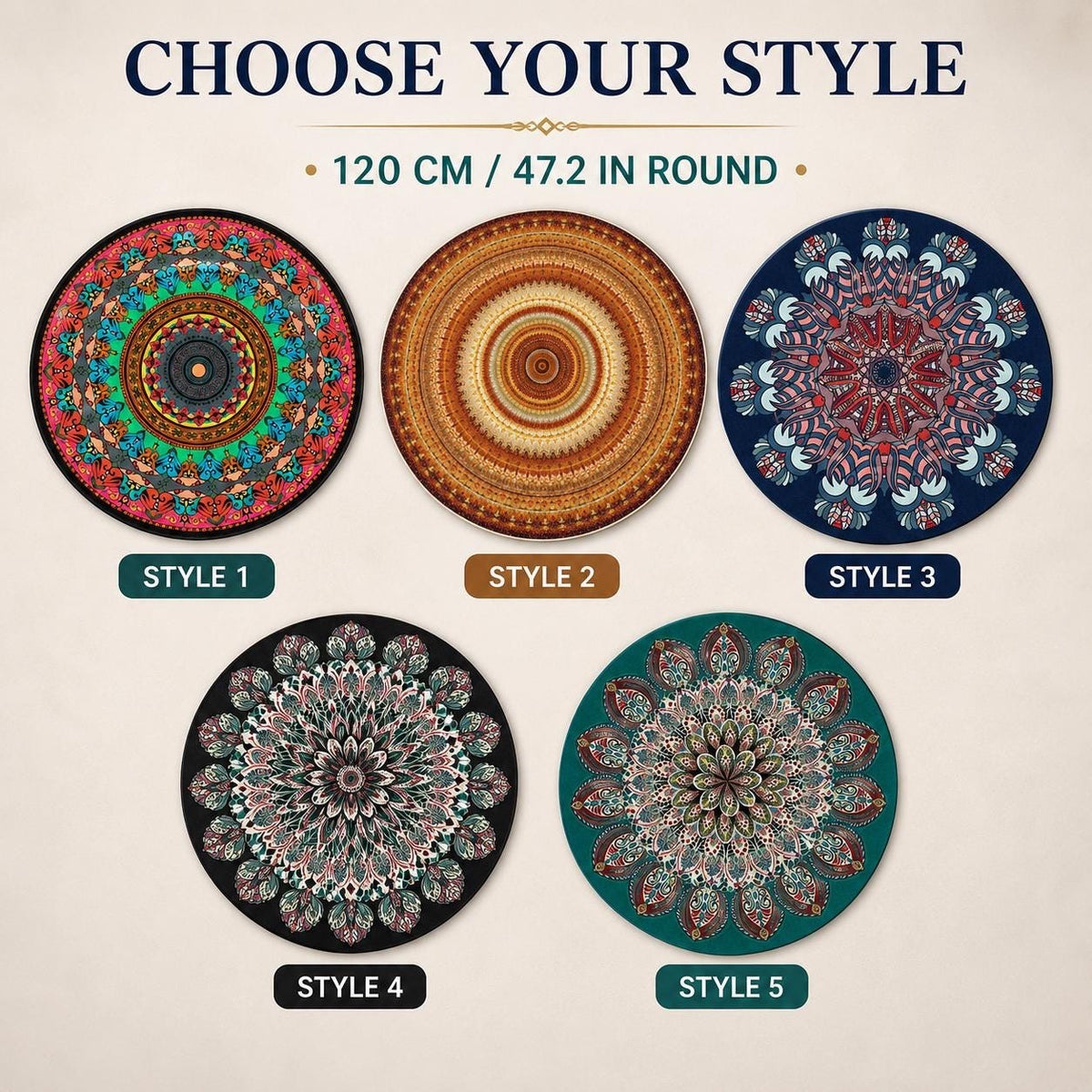 Round Boho Mandala Rug 47 Inch, Colorful Machine Woven Accent Rug, Bohemian Living Room Decor, Entryway Bedroom Rug