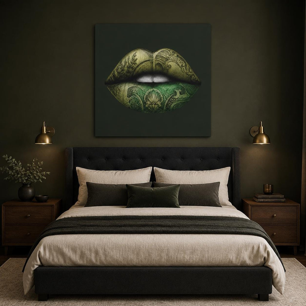 Green Lips Canvas Wall Art, Money Lips Print, Dark Green Glam Decor, Fashion Wall Art, Maximalist Bedroom Decor, Luxury Art Gift