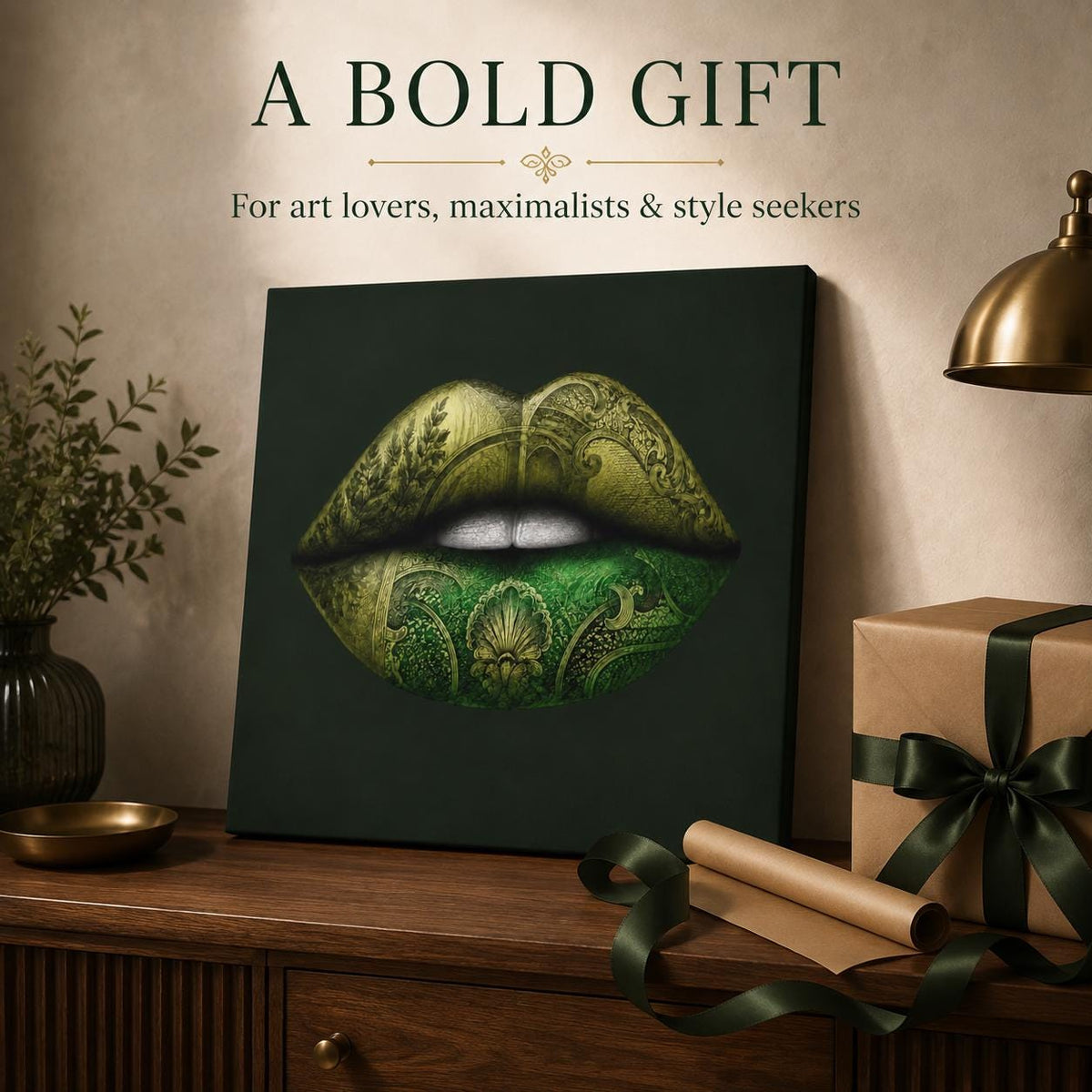 Green Lips Canvas Wall Art, Money Lips Print, Dark Green Glam Decor, Fashion Wall Art, Maximalist Bedroom Decor, Luxury Art Gift