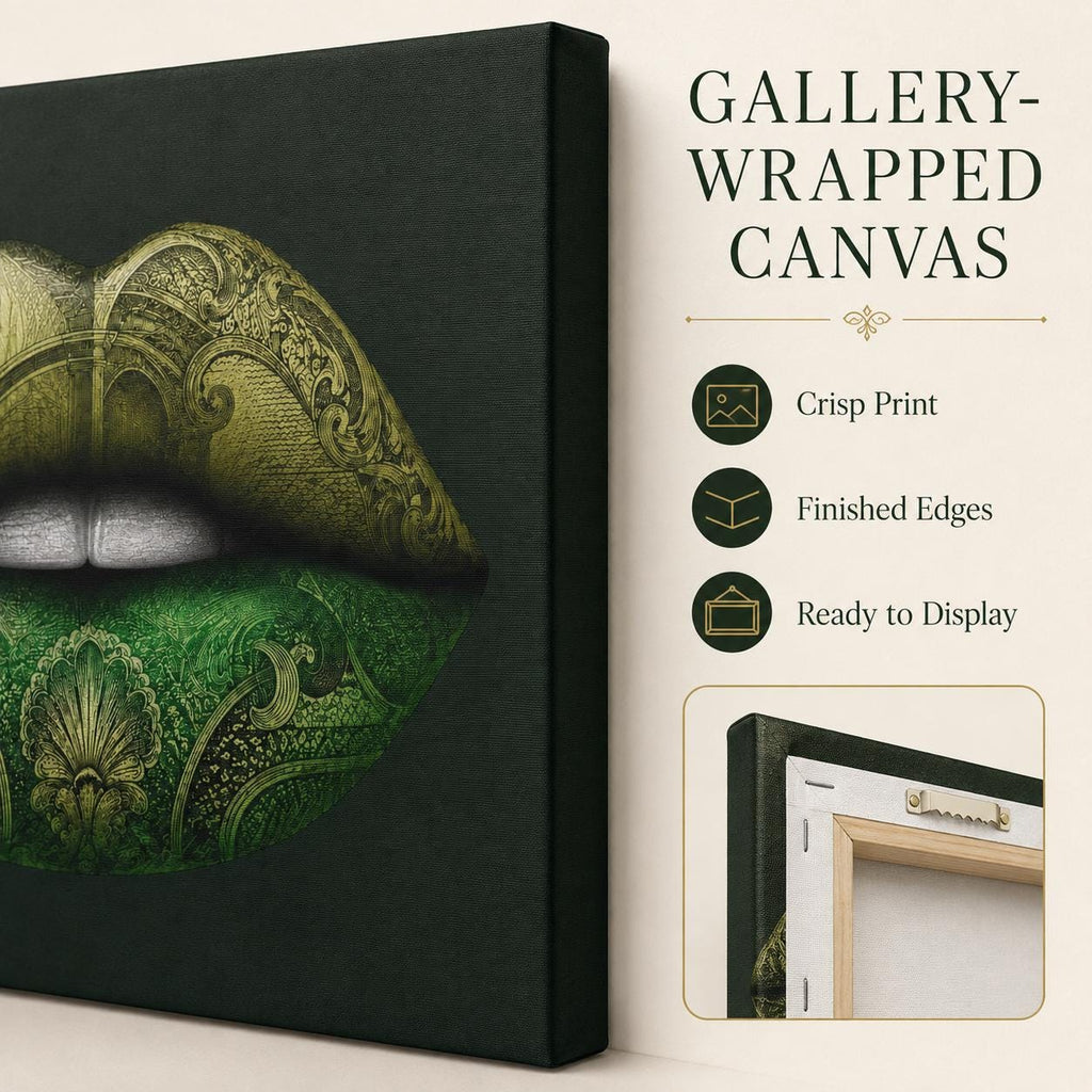 Green Lips Canvas Wall Art, Money Lips Print, Dark Green Glam Decor, Fashion Wall Art, Maximalist Bedroom Decor, Luxury Art Gift