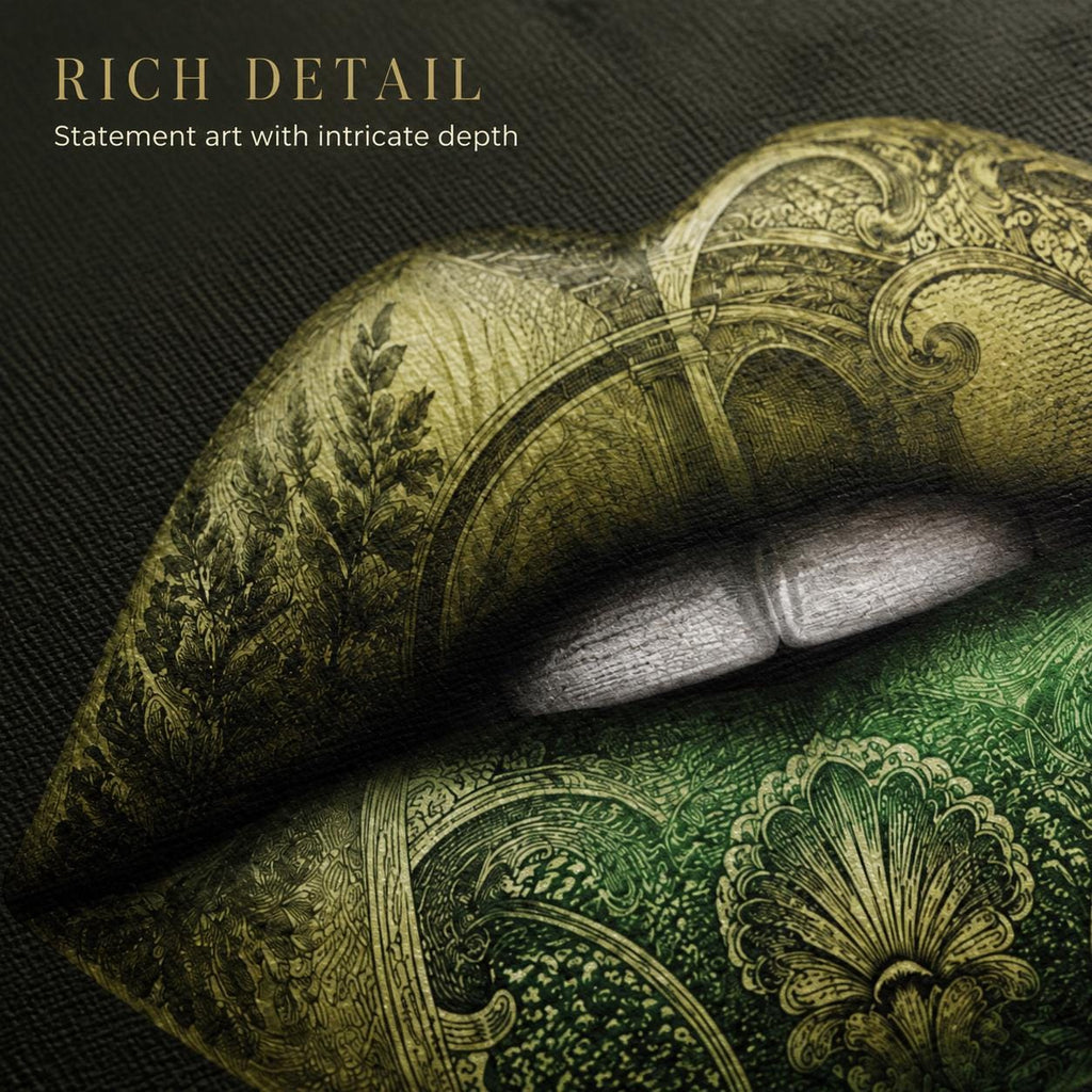 Green Lips Canvas Wall Art, Money Lips Print, Dark Green Glam Decor, Fashion Wall Art, Maximalist Bedroom Decor, Luxury Art Gift
