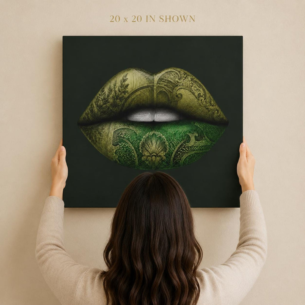 Green Lips Canvas Wall Art, Money Lips Print, Dark Green Glam Decor, Fashion Wall Art, Maximalist Bedroom Decor, Luxury Art Gift
