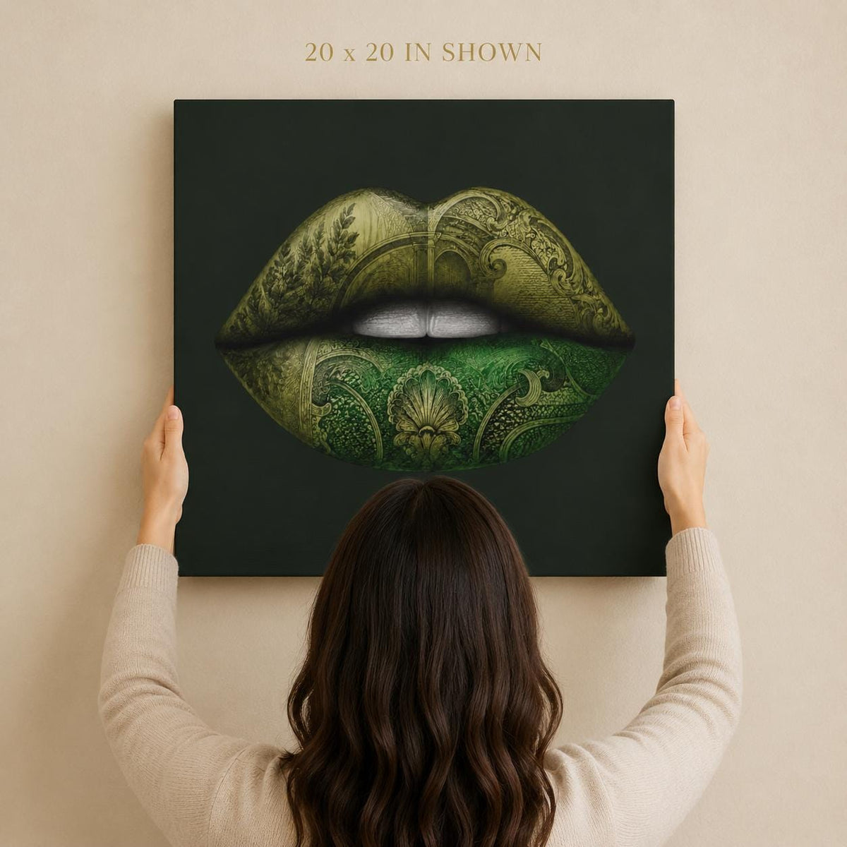 Green Lips Canvas Wall Art, Money Lips Print, Dark Green Glam Decor, Fashion Wall Art, Maximalist Bedroom Decor, Luxury Art Gift