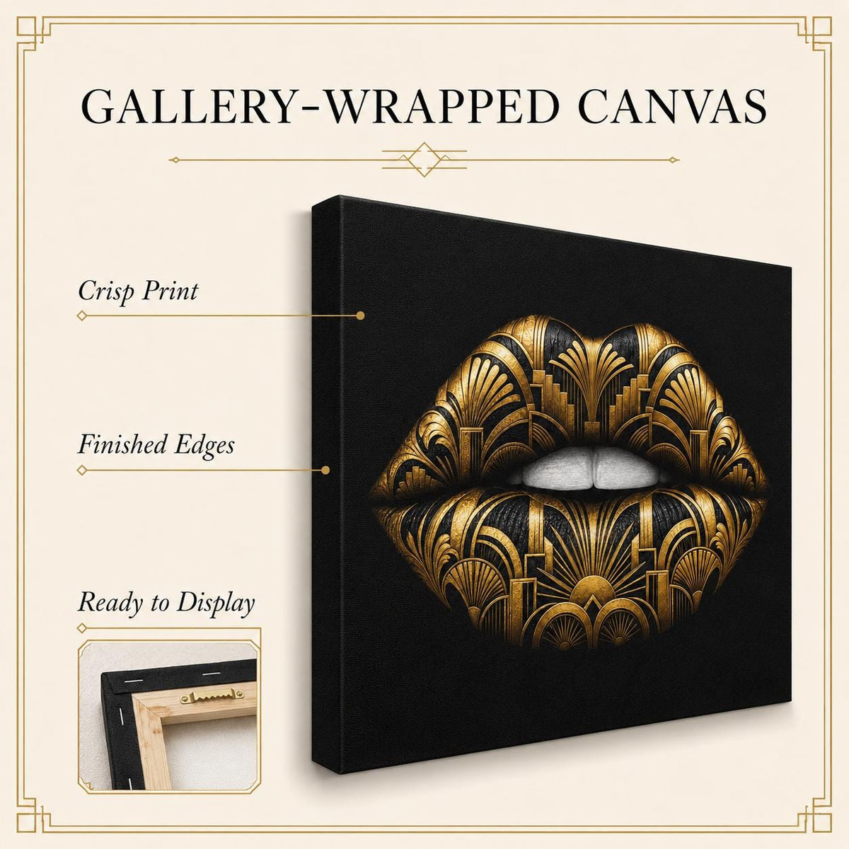 Black Gold Lips Canvas Wall Art, Art Deco Glam Decor, Fashion Wall Art, Maximalist Bedroom Decor, Luxury Beauty Salon Art Gift