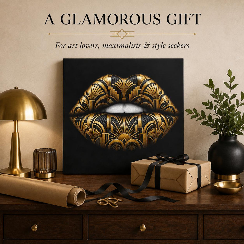 Black Gold Lips Canvas Wall Art, Art Deco Glam Decor, Fashion Wall Art, Maximalist Bedroom Decor, Luxury Beauty Salon Art Gift