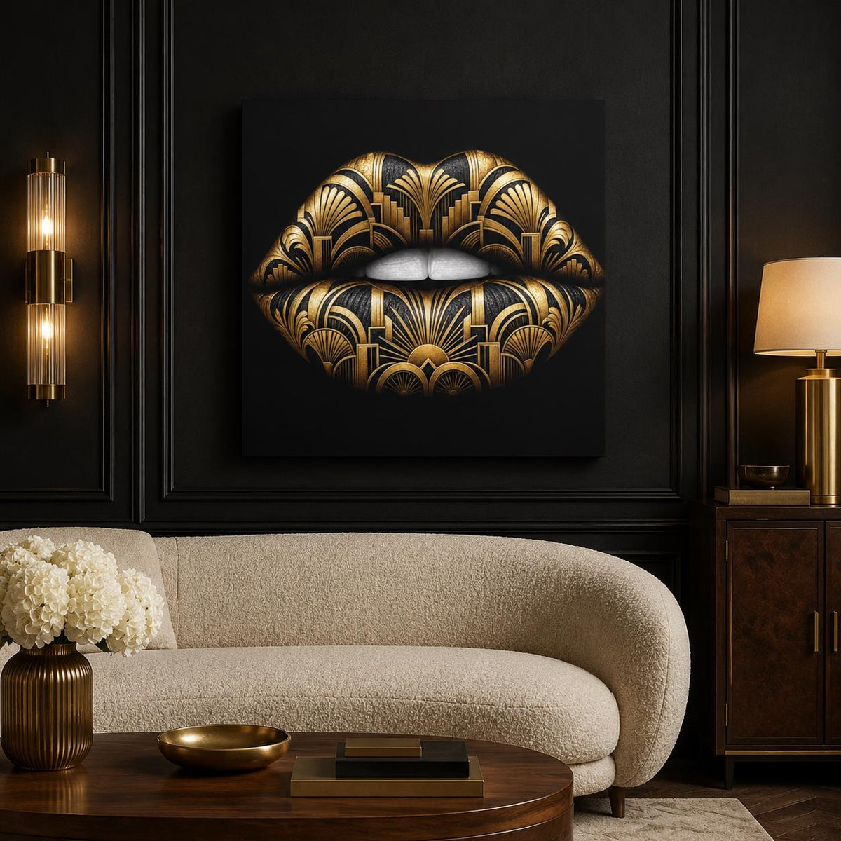 Black Gold Lips Canvas Wall Art, Art Deco Glam Decor, Fashion Wall Art, Maximalist Bedroom Decor, Luxury Beauty Salon Art Gift